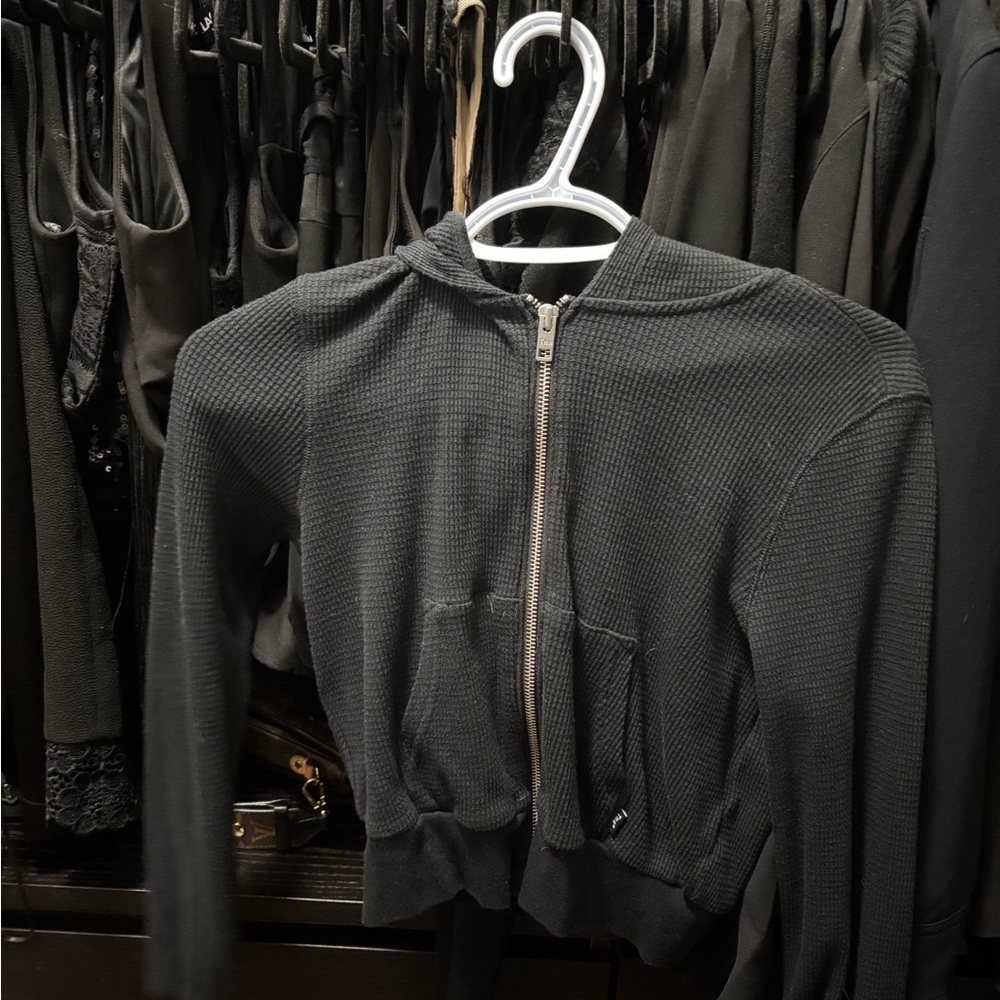 Aritzia Black Hooded Waffle-Knit zip up